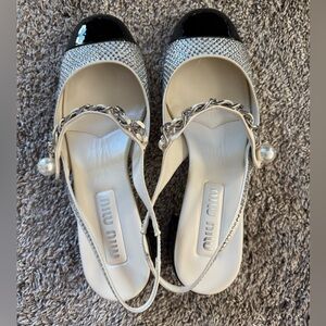 Miu Miu Black and Silver Heels with Pearl Accent